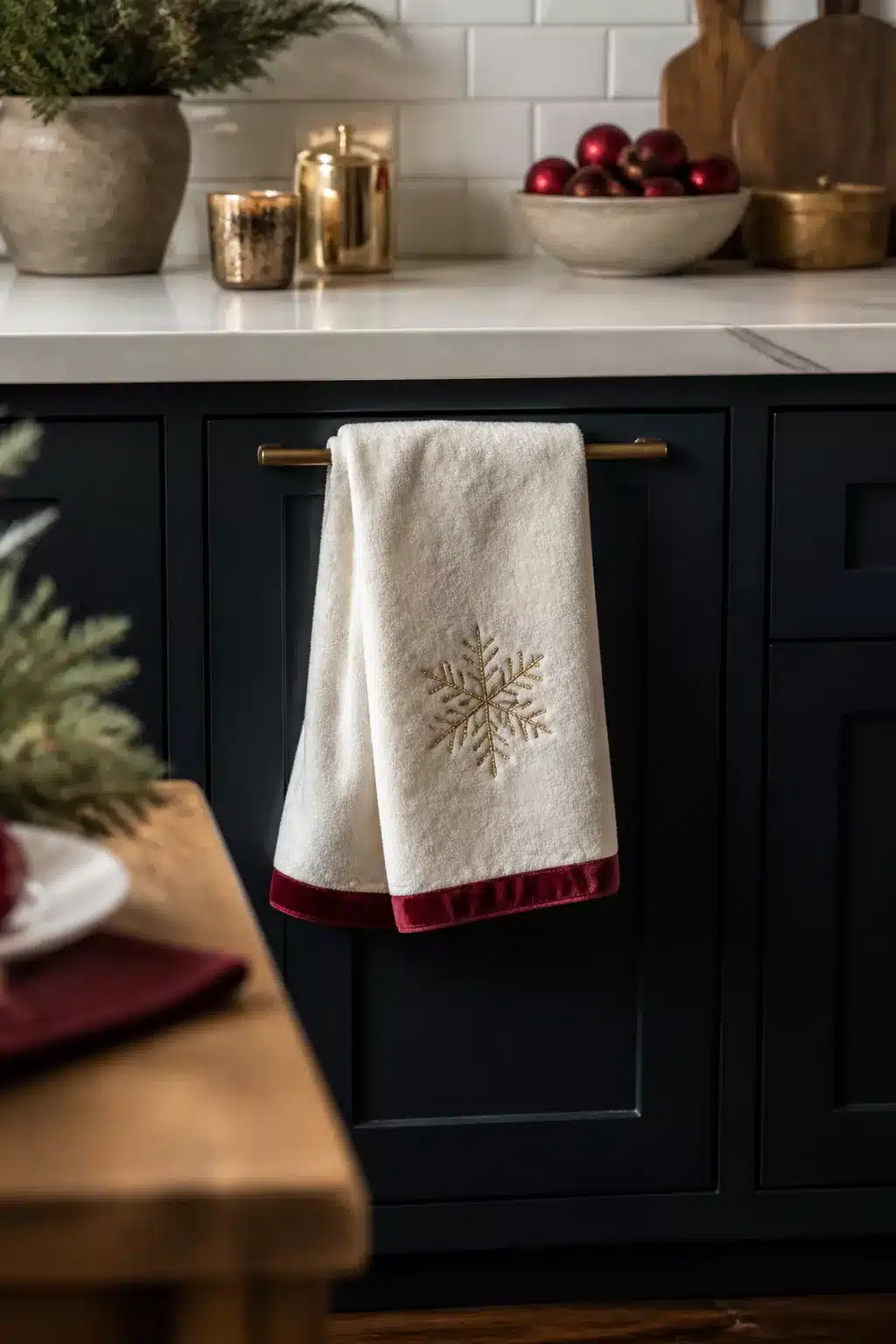 Cream Christmas kitchen towel with gold snowflake embroidery and red velvet trim hanging on navy cabinets