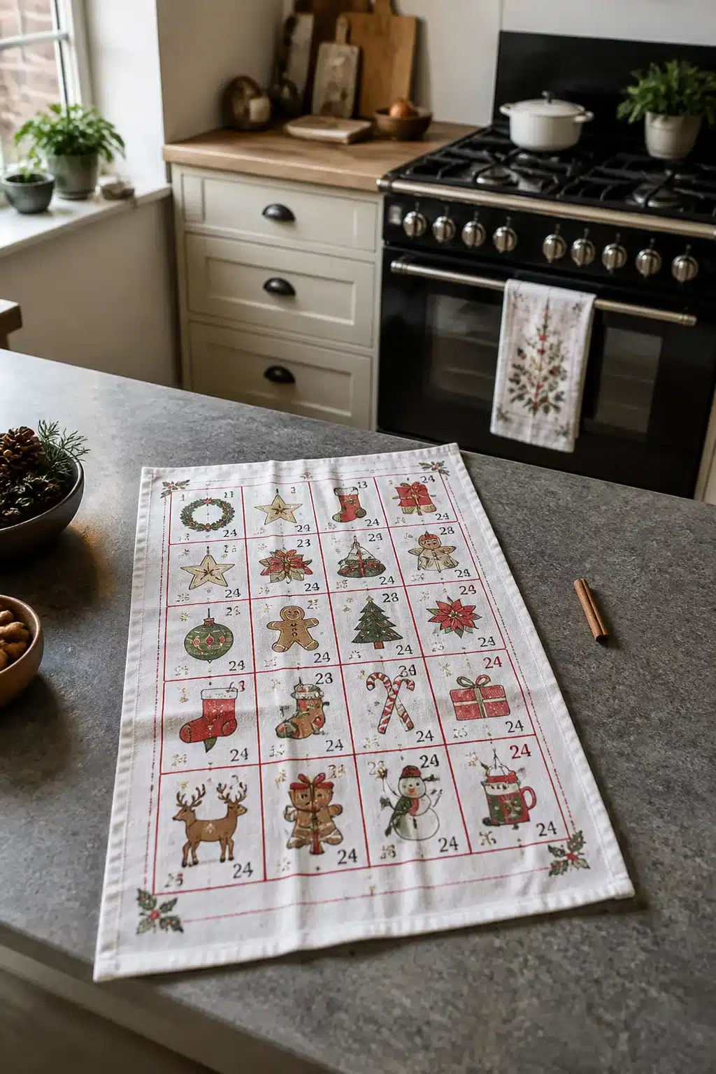 Advent calendar novelty print Christmas kitchen towel laid on a stone countertop in a cream shaker kitchen