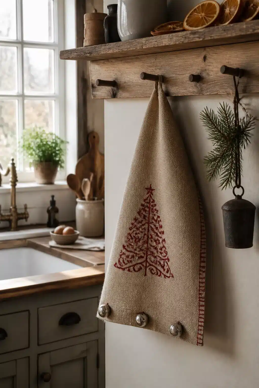 Rustic burlap Christmas kitchen towel with red cross-stitch tree and jingle bell trim hanging in a farmhouse kitchen