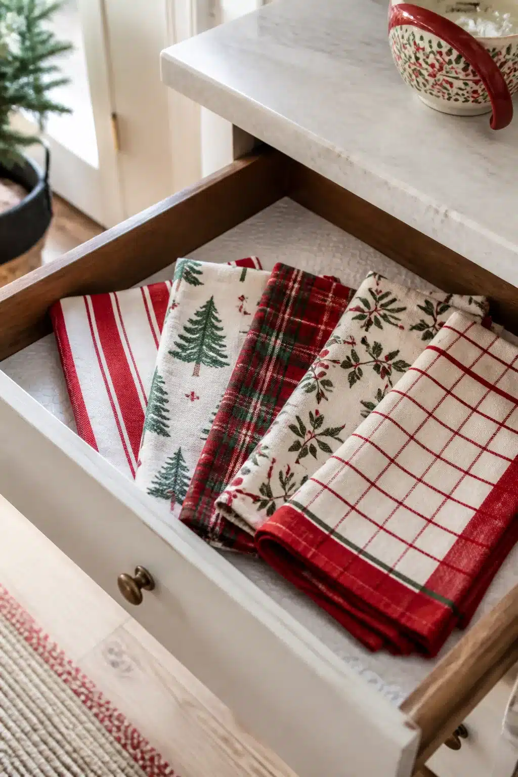 Open drawer with a mixed set of Christmas kitchen towels in red, cream, and green coordinating patterns