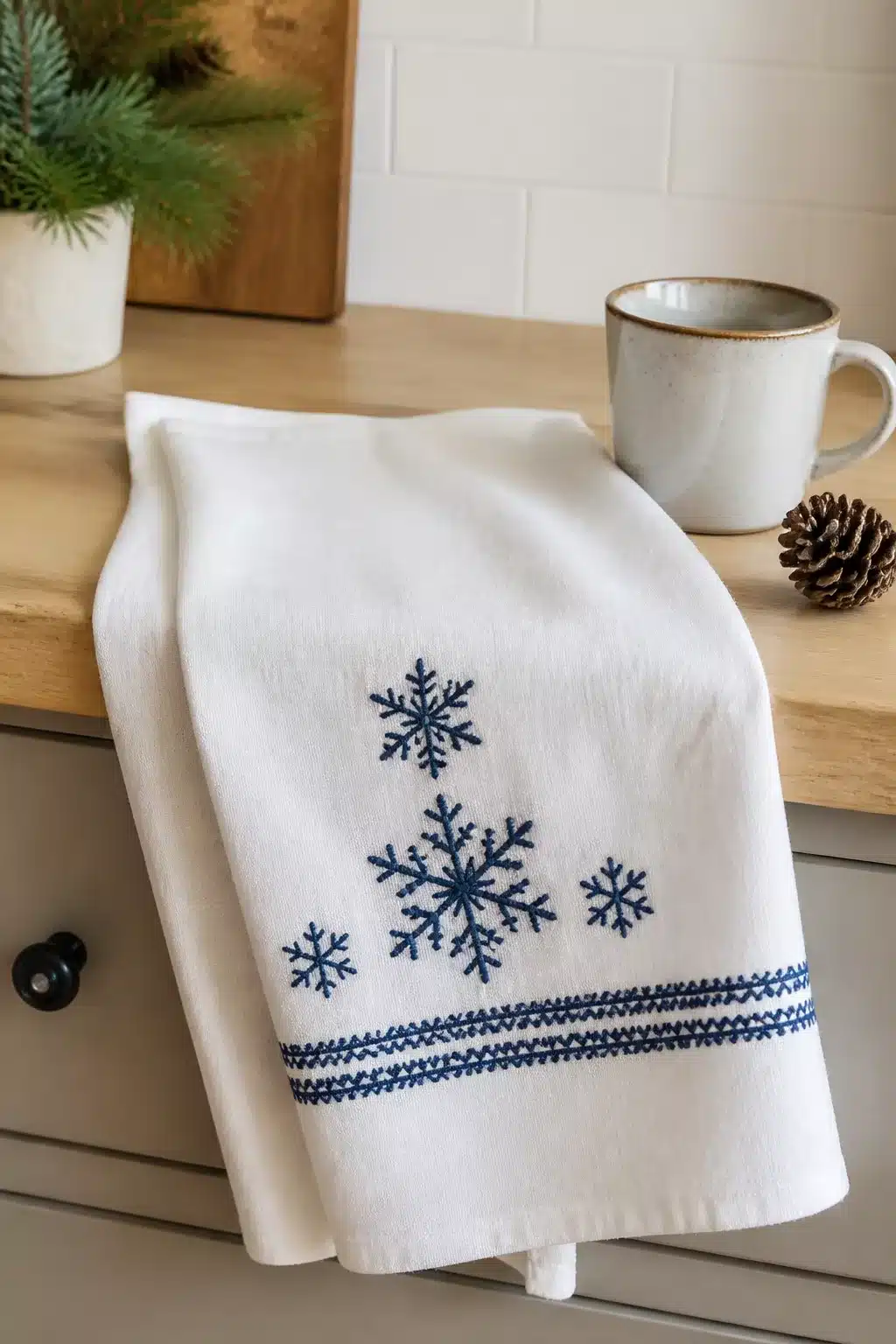 White cotton Christmas kitchen towel with navy blue embroidered snowflakes and border stitching on a wood countertop.