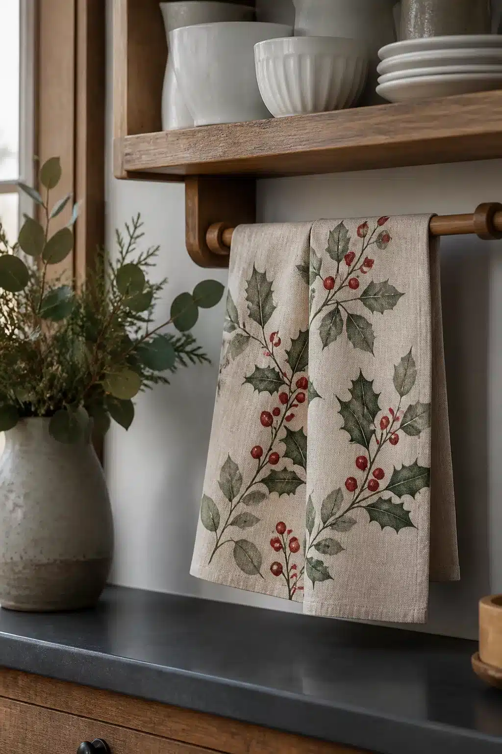 Holly berry botanical print Christmas kitchen towel hanging on wooden shelf rail with white dishes and greenery