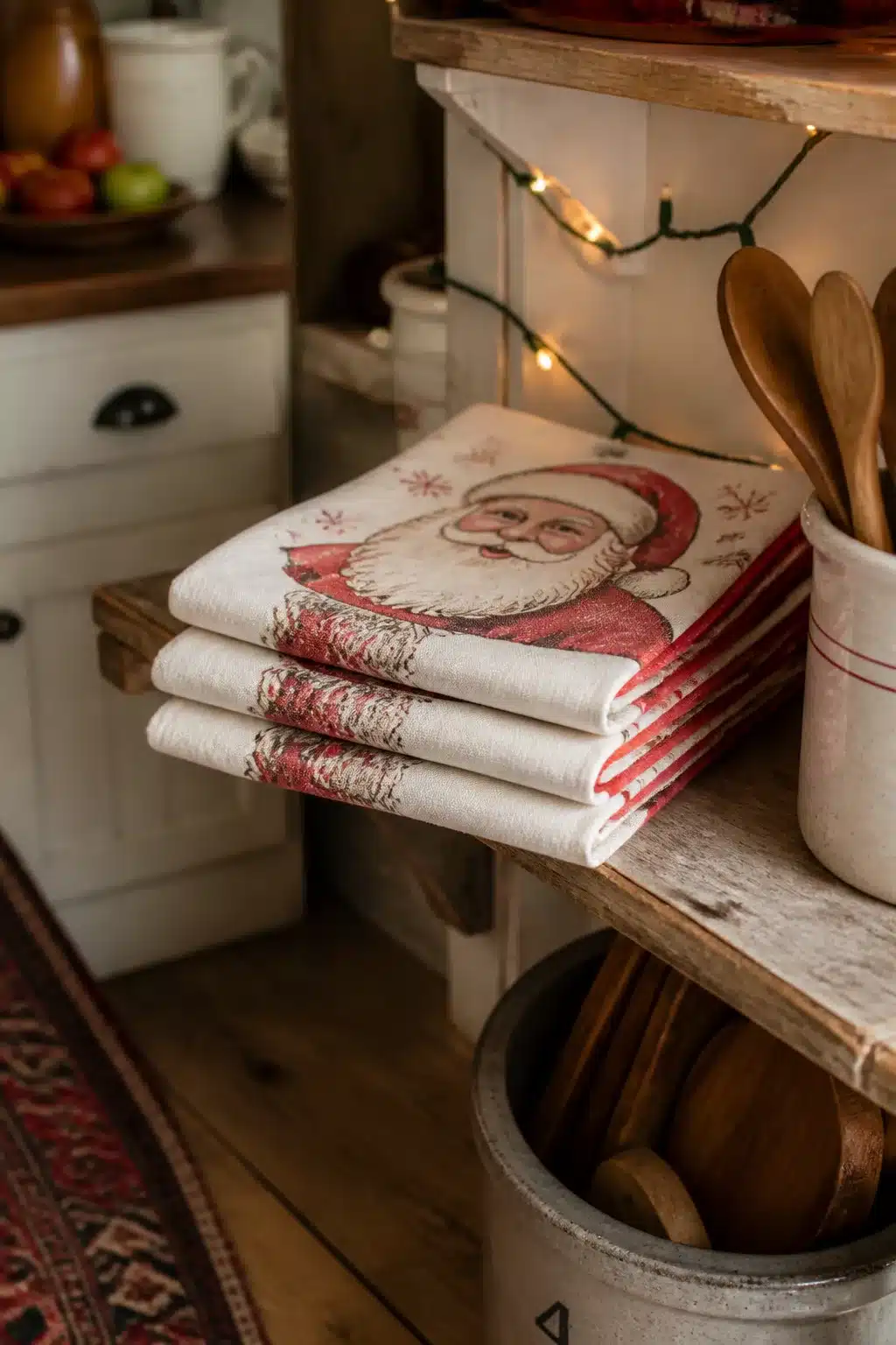 Vintage Santa illustration Christmas kitchen towels stacked on a rustic wooden shelf with fairy lights and wooden spoons.
