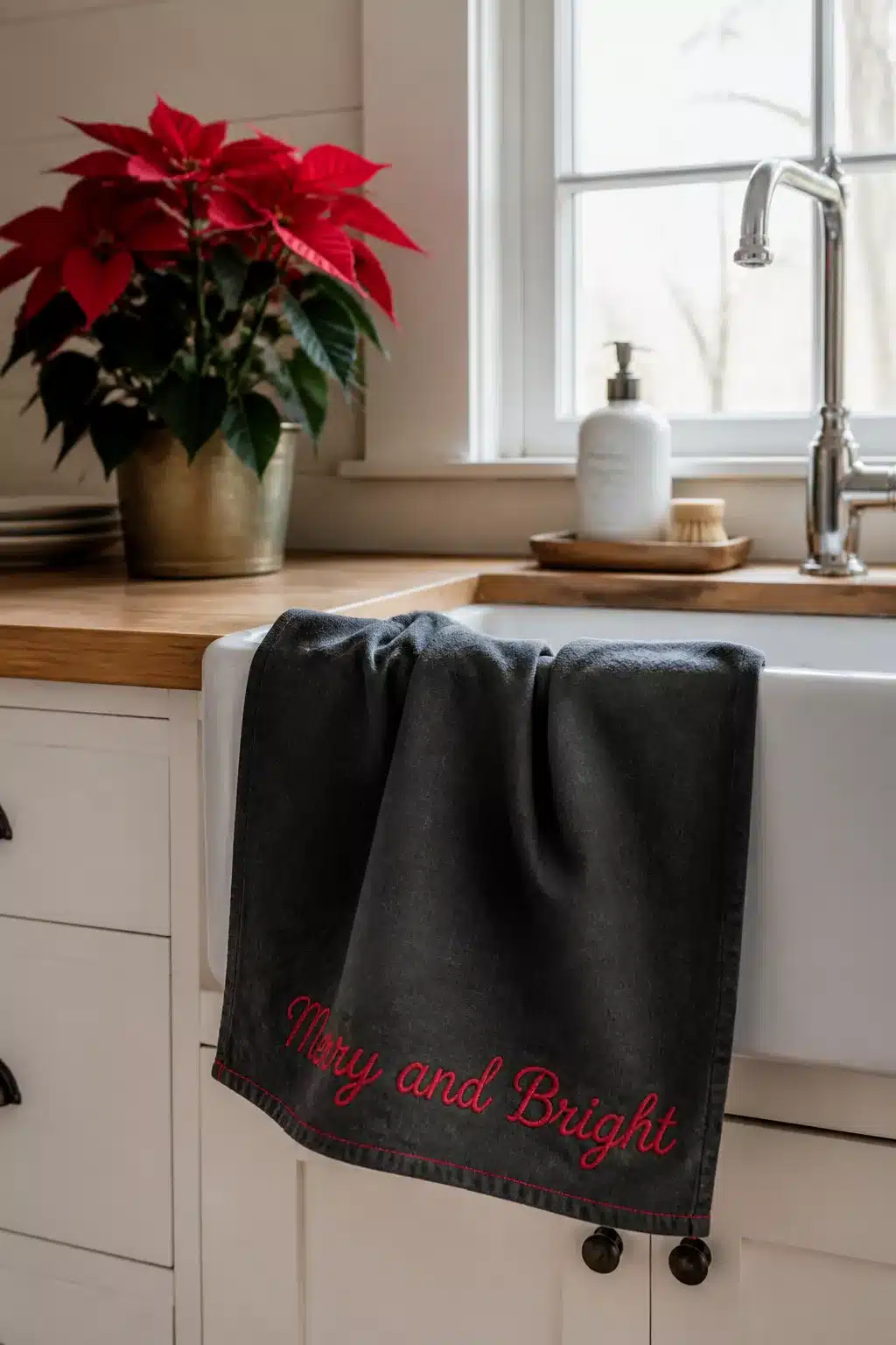 Charcoal linen Christmas kitchen towel with red embroidered Merry and Bright script over a white farmhouse sink