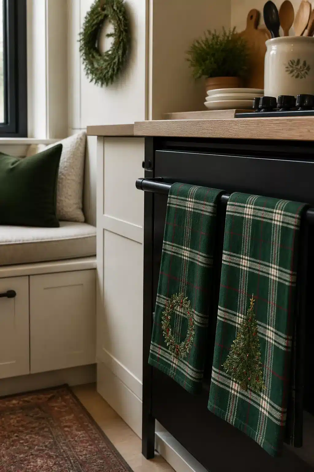 Deep forest green plaid Christmas kitchen towels with festive motifs hanging on a black kitchen island rail.