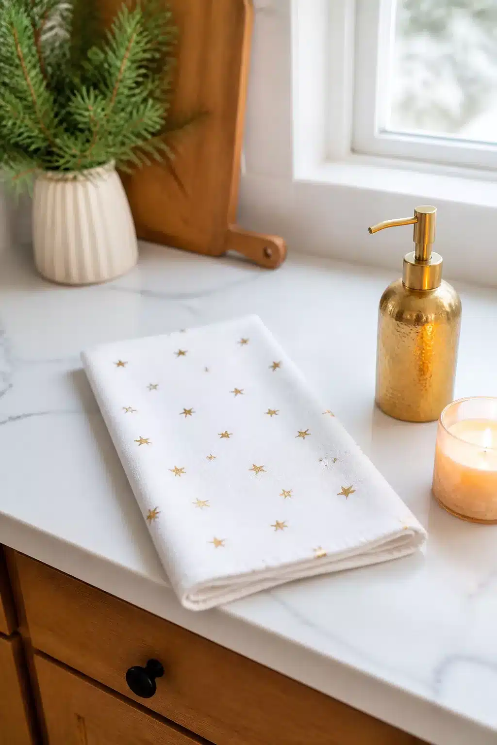 White cotton Christmas kitchen towel with gold star print styled on a marble counter with brass accents