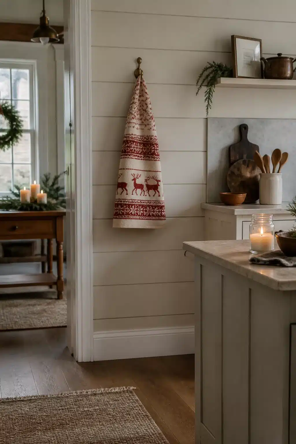 Cream and red Fair Isle reindeer Christmas kitchen towel hung on brass hook in a cozy farmhouse kitchen