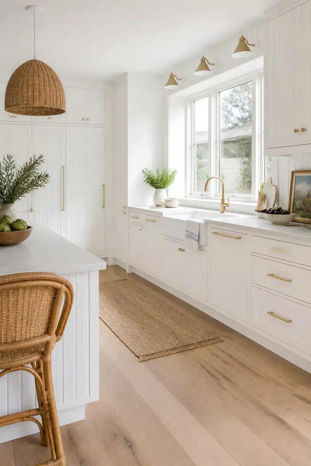 Coastal chic kitchen with white shiplap cabinetry, brass hardware, farmhouse sink, and natural rattan accents