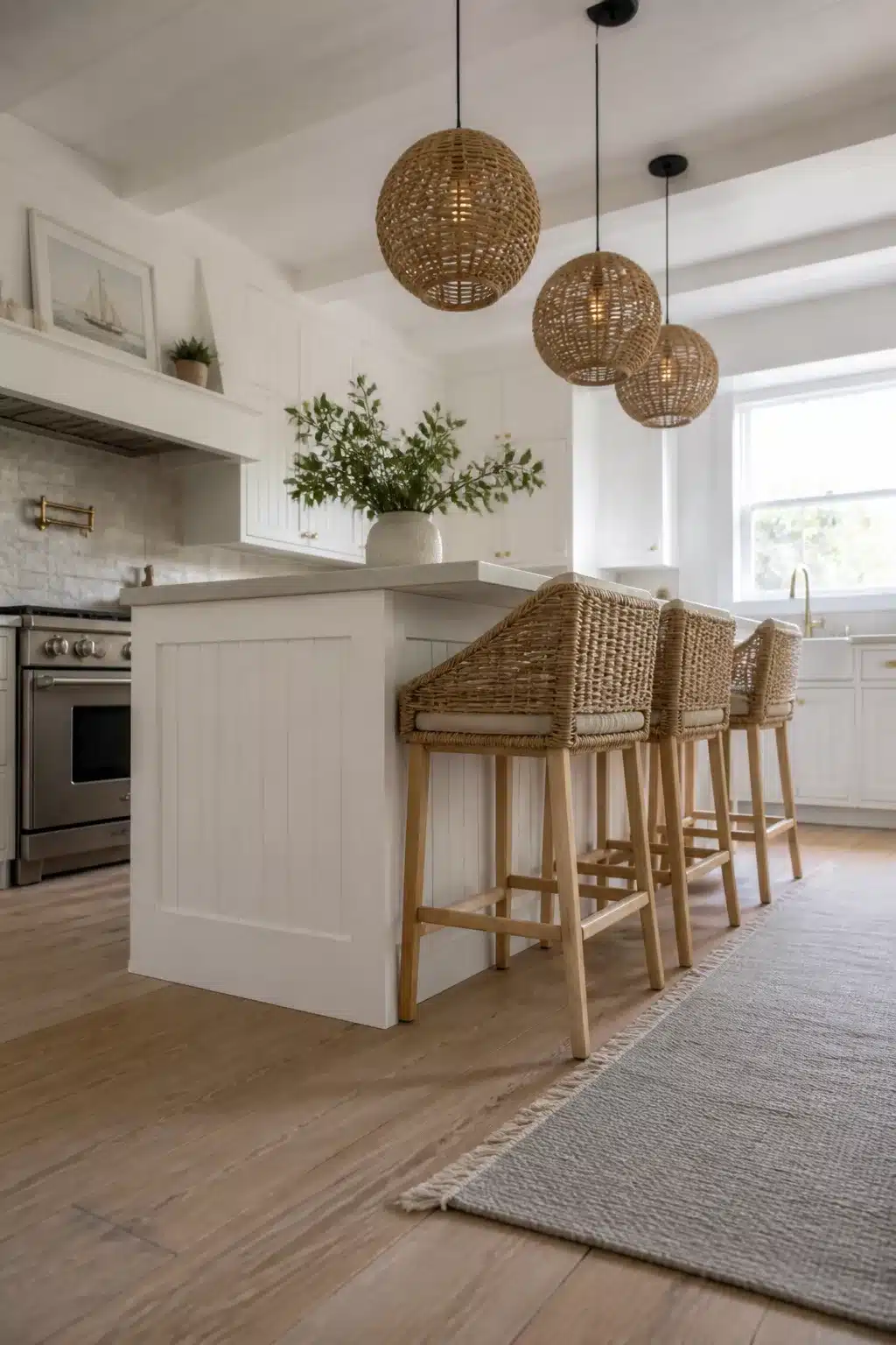 Coastal chic kitchen with rattan globe pendants, beadboard island, woven stools, and light wood floors