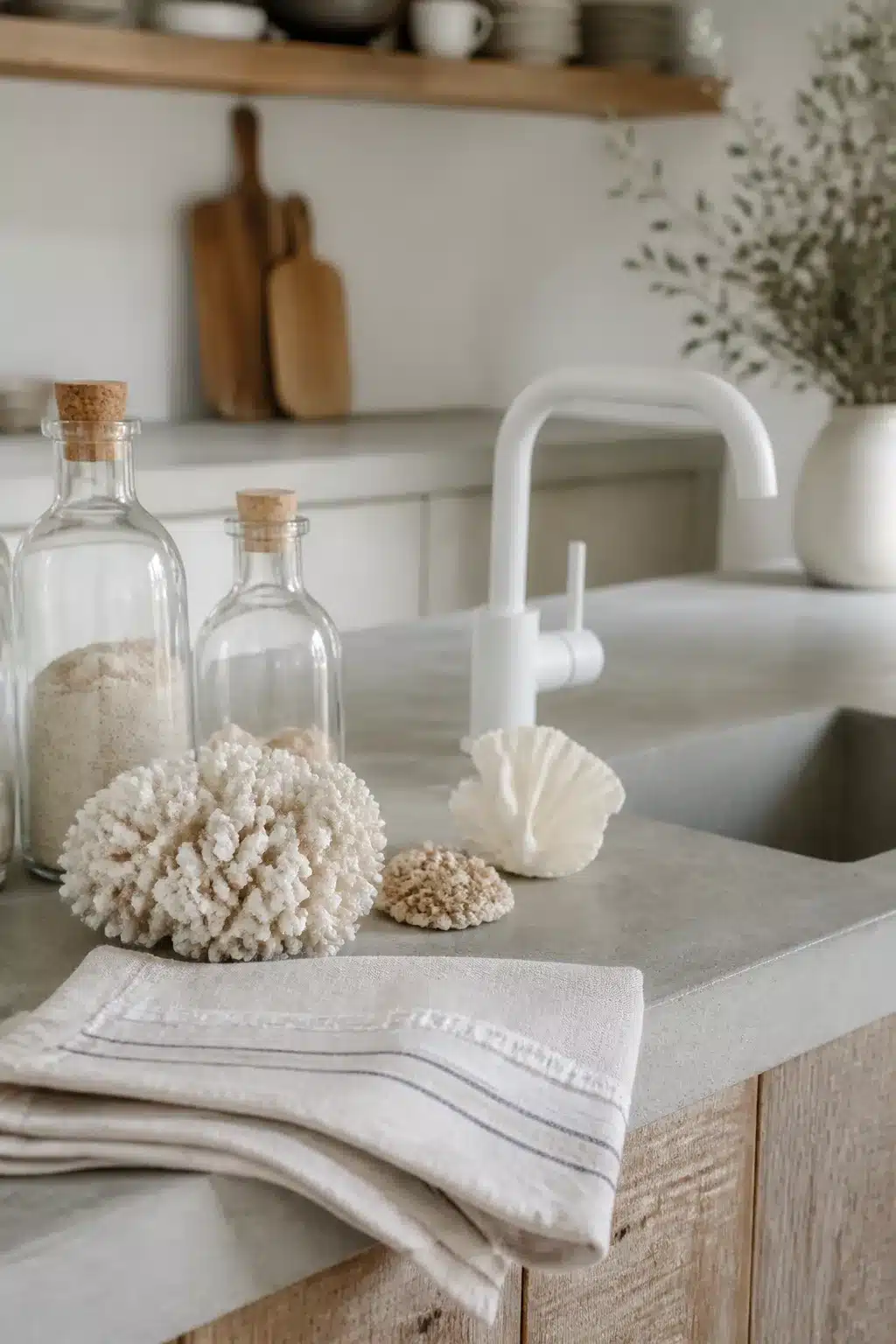 Coastal chic kitchen with concrete countertops, coral shells, matte white faucet, and linen towel styling.