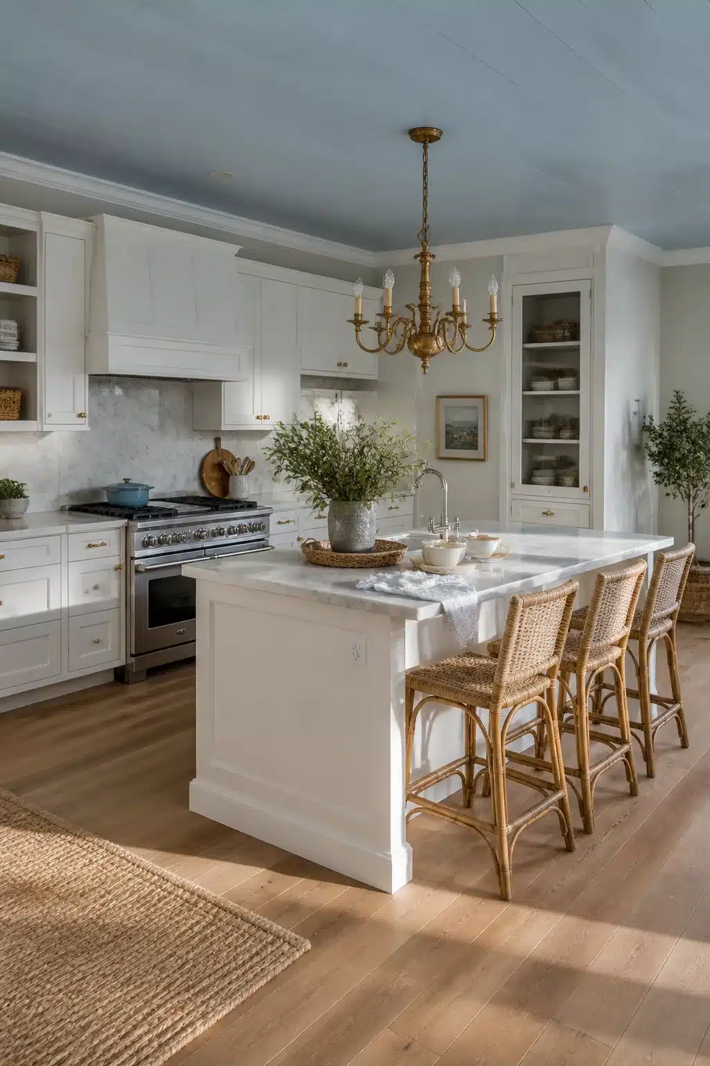 Coastal chic kitchen with pale blue painted ceiling, brass chandelier, white cabinets, and rattan stools