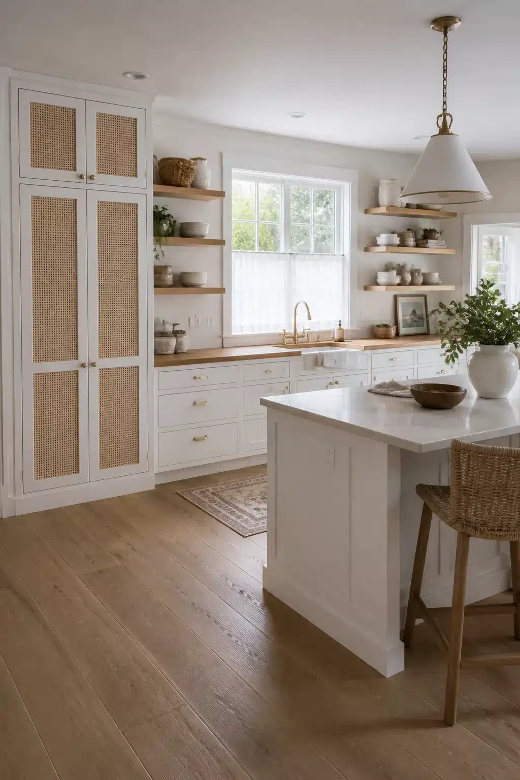 Coastal chic kitchen with full-height cane door pantry cabinet, warm oak shelves, and white island.