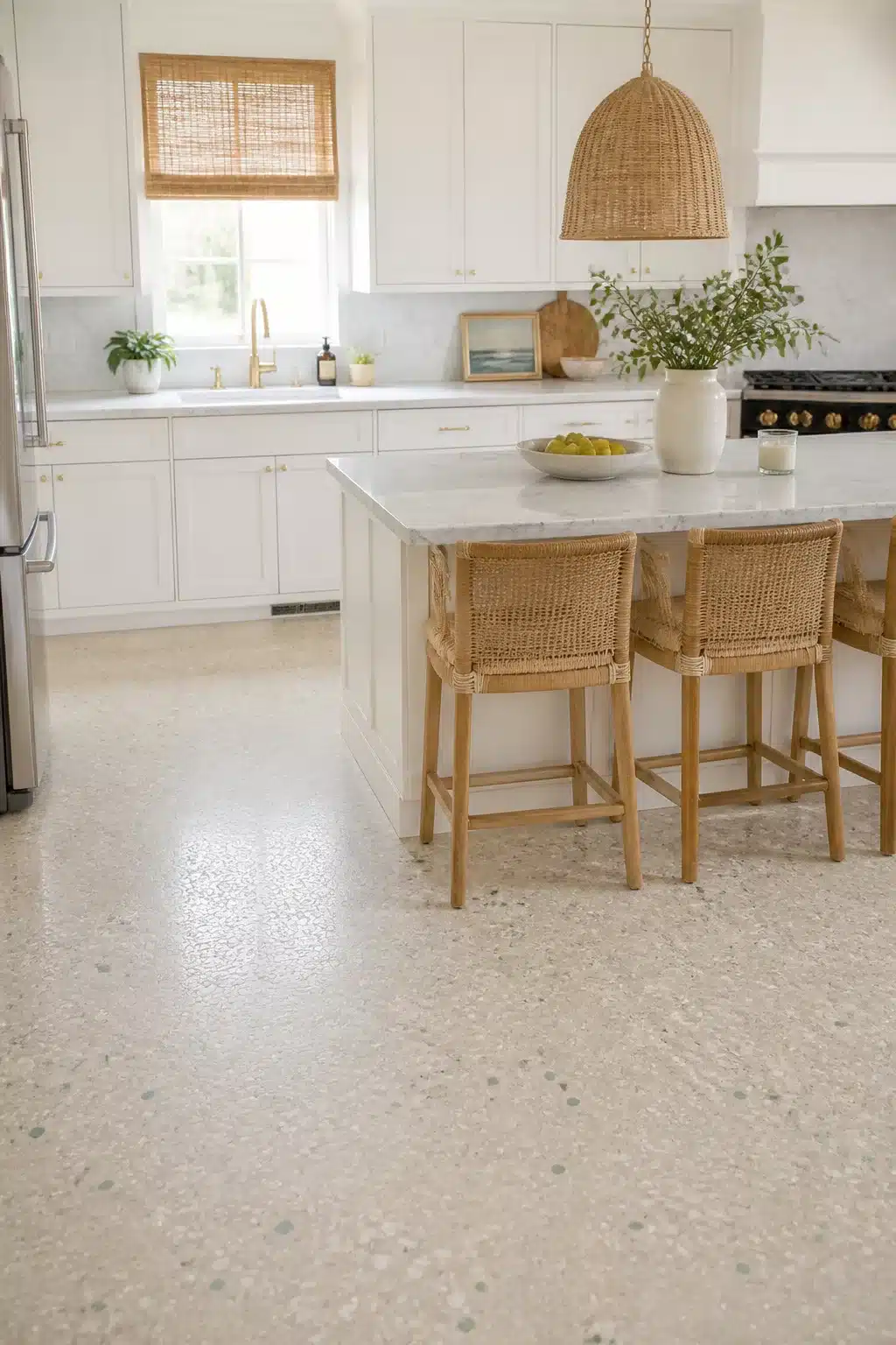 Coastal chic kitchen with terrazzo floors, white cabinets, marble island, and wicker bar stools in a light airy space.