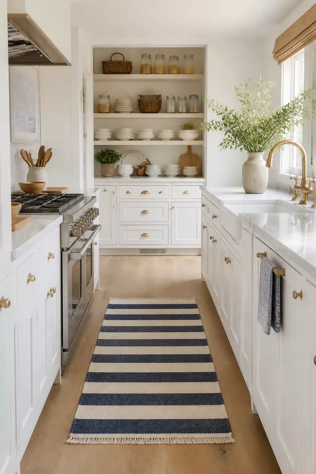 Coastal chic galley kitchen with navy stripe runner, white shaker cabinets, brass hardware, and open pantry shelves