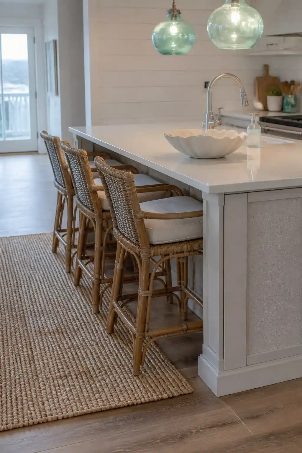 Coastal chic kitchen with aqua glass pendant lights, rattan stools, jute rug, and white quartz island