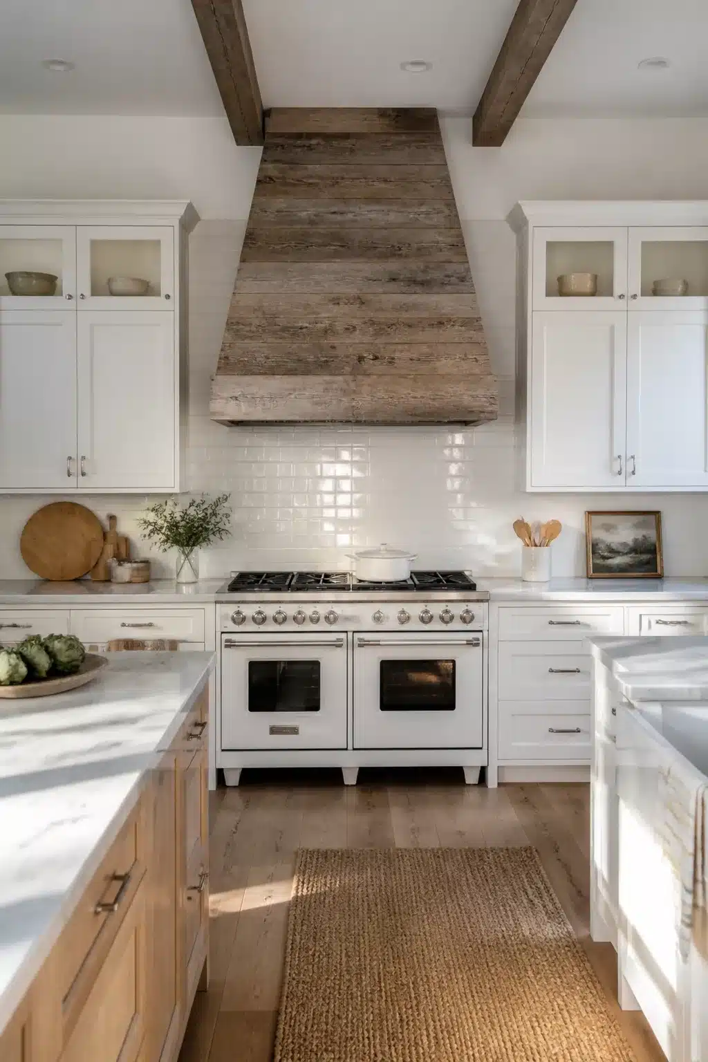 Coastal chic kitchen with reclaimed wood range hood, white dual oven range, marble countertops, and jute rug