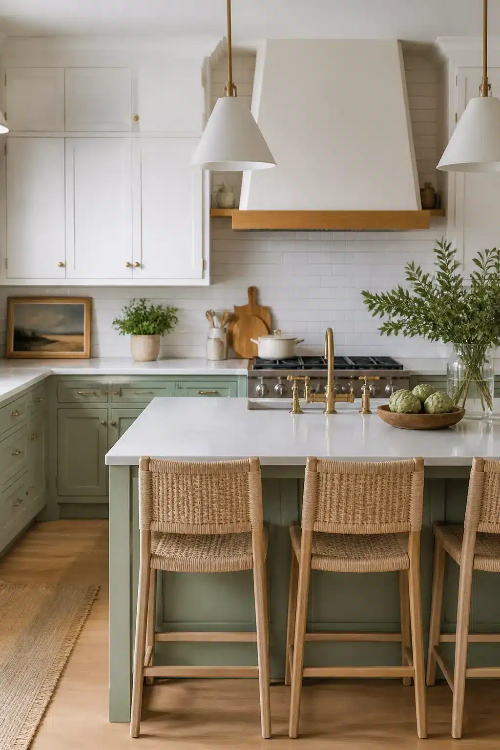 Coastal chic kitchen with seafoam green lower cabinets, brass hardware, white uppers, and woven counter stools.