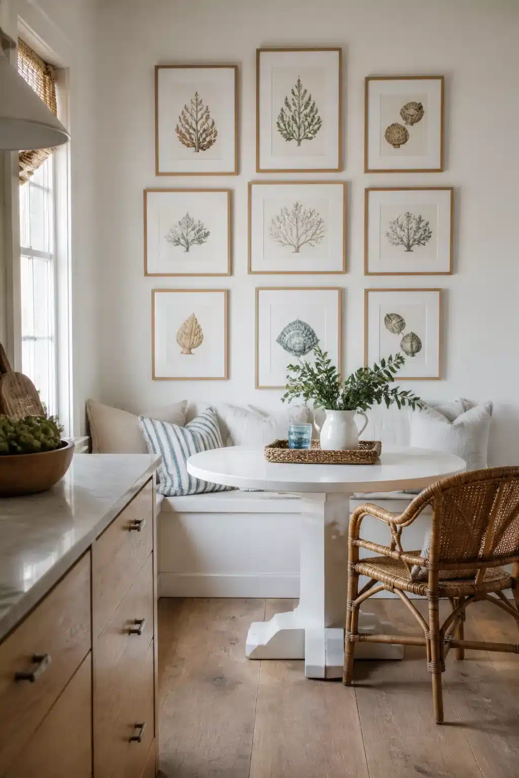 Coastal chic kitchen breakfast nook with botanical sea print gallery wall, white banquette, and rattan chair.