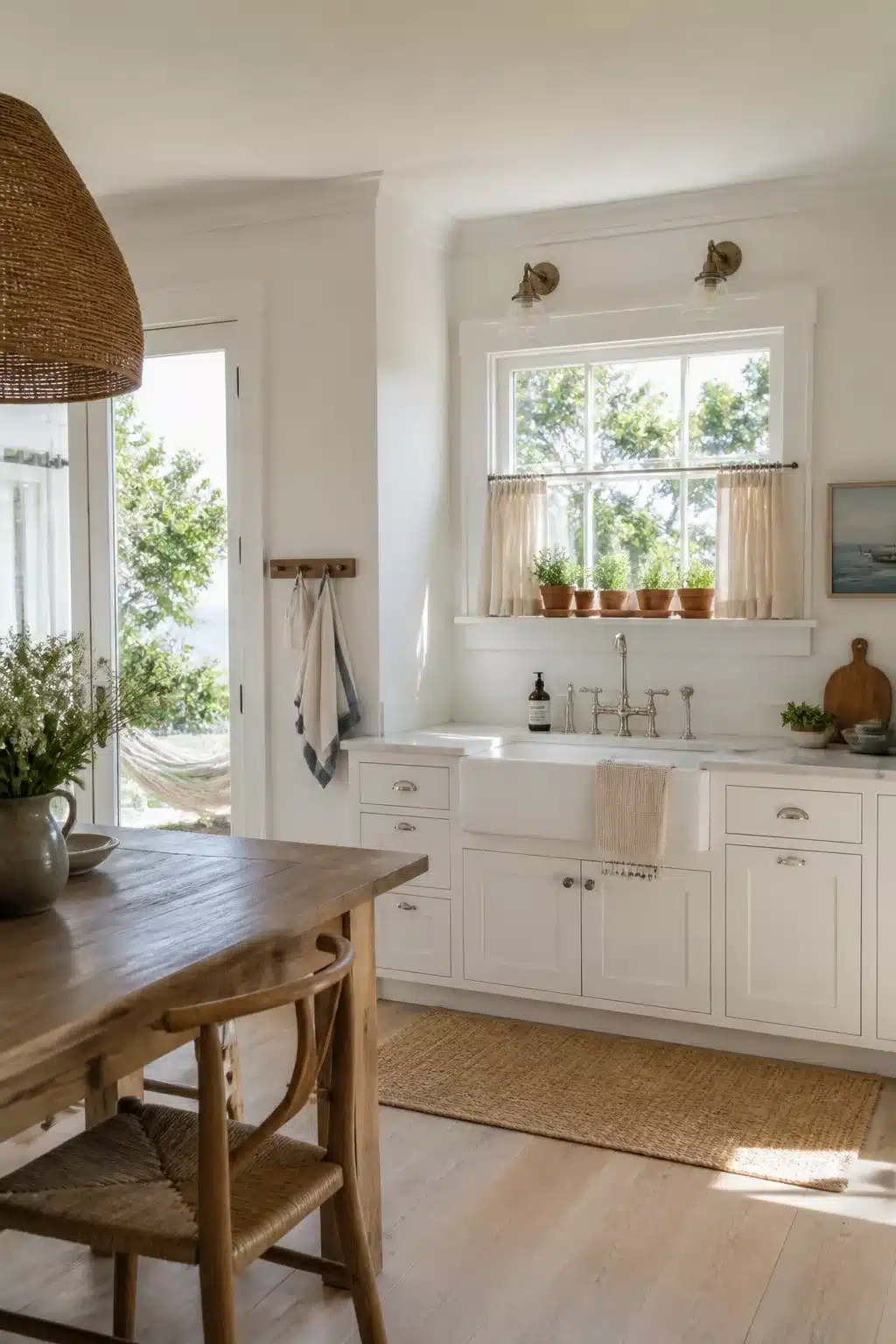 Coastal chic kitchen with café curtains, potted herb windowsill, farmhouse sink, and off-white inset cabinets in airy light space