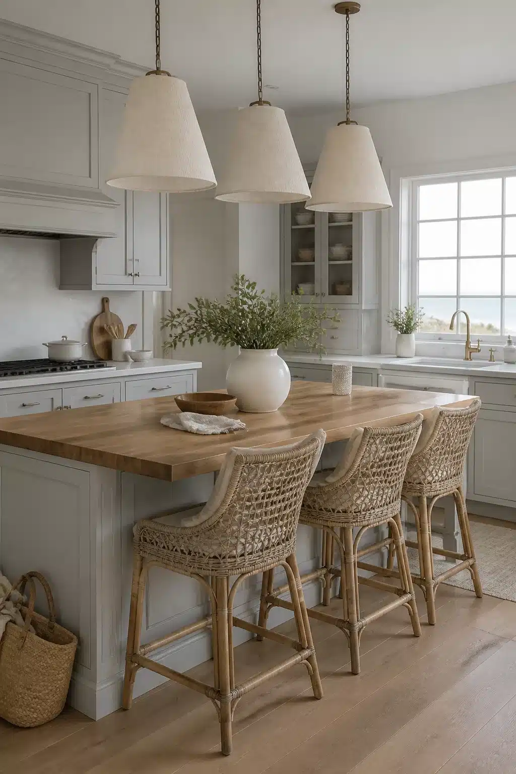 Pale gray shaker cabinets with butcher block island and rattan stools in a coastal chic kitchen