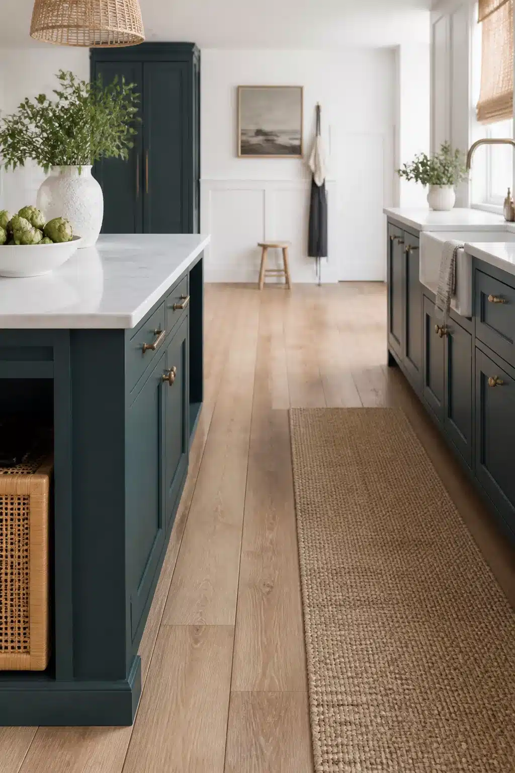 Coastal chic kitchen with dark teal shaker cabinets, antique brass hardware, marble countertops and jute runner