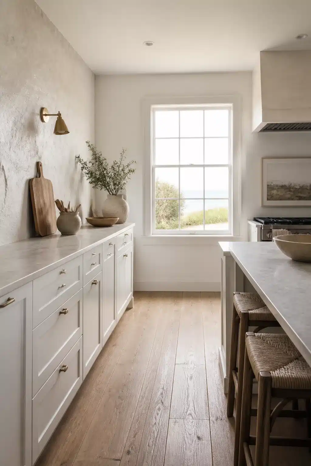 Coastal chic kitchen with exposed plaster wall, white shaker cabinets, brass sconce, and woven counter stools.