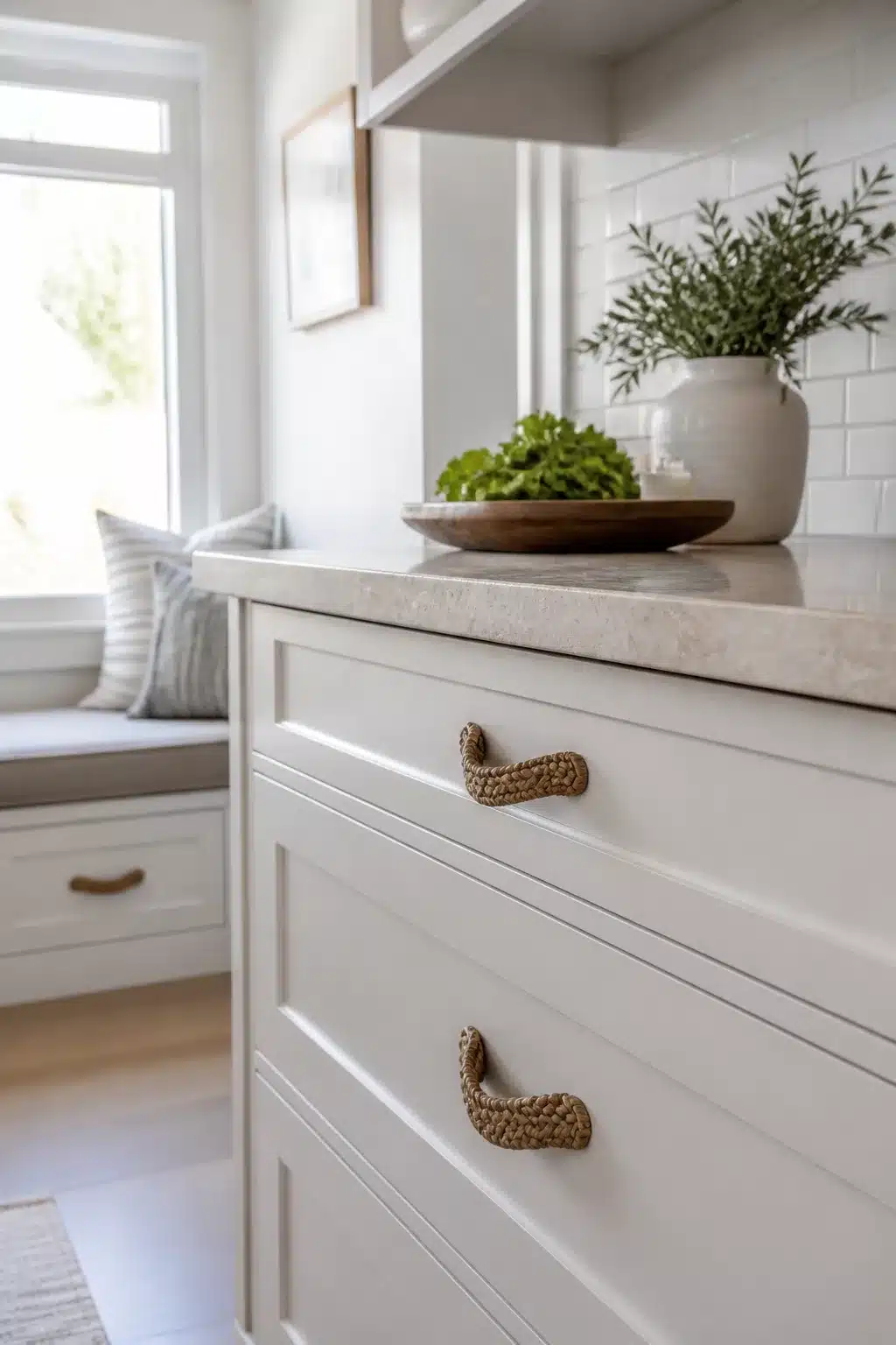 Woven seagrass cabinet pulls on white shaker drawers with stone countertop in a coastal chic kitchen