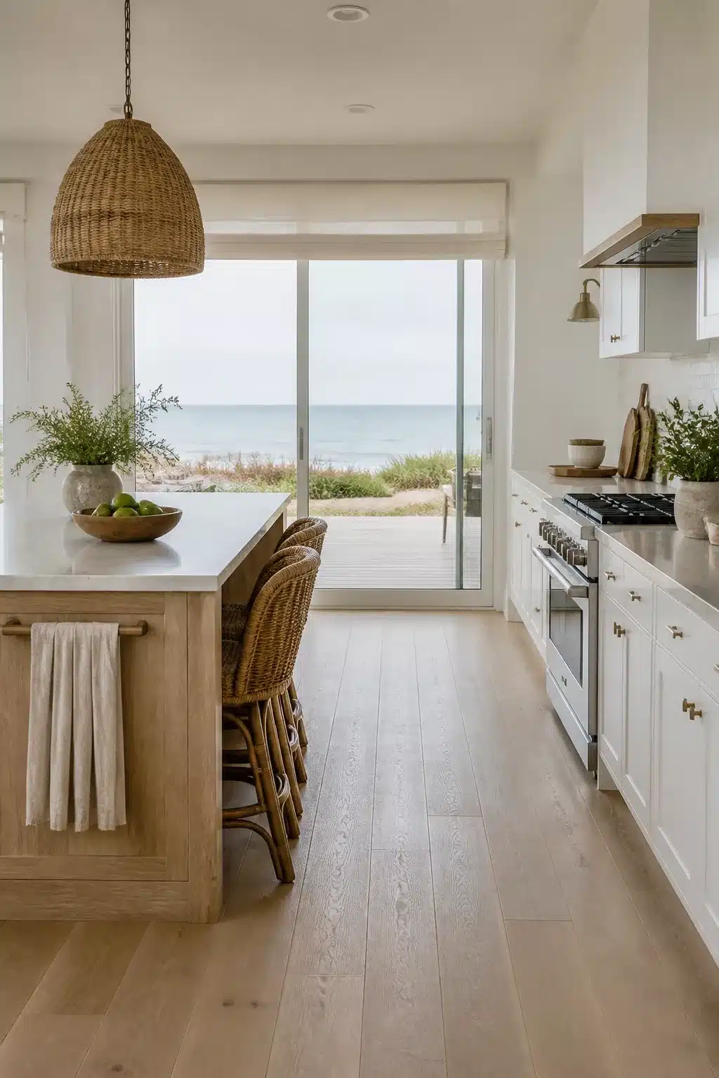 Coastal chic kitchen with oak island, wicker pendant, and sliding glass doors opening to an ocean view.