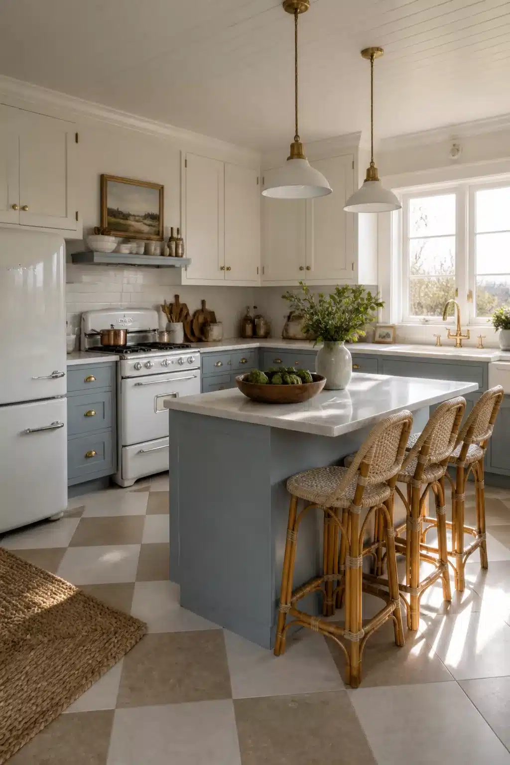 Coastal chic kitchen with vintage white enamel range, dusty blue cabinets, checkerboard floor, and rattan barstools