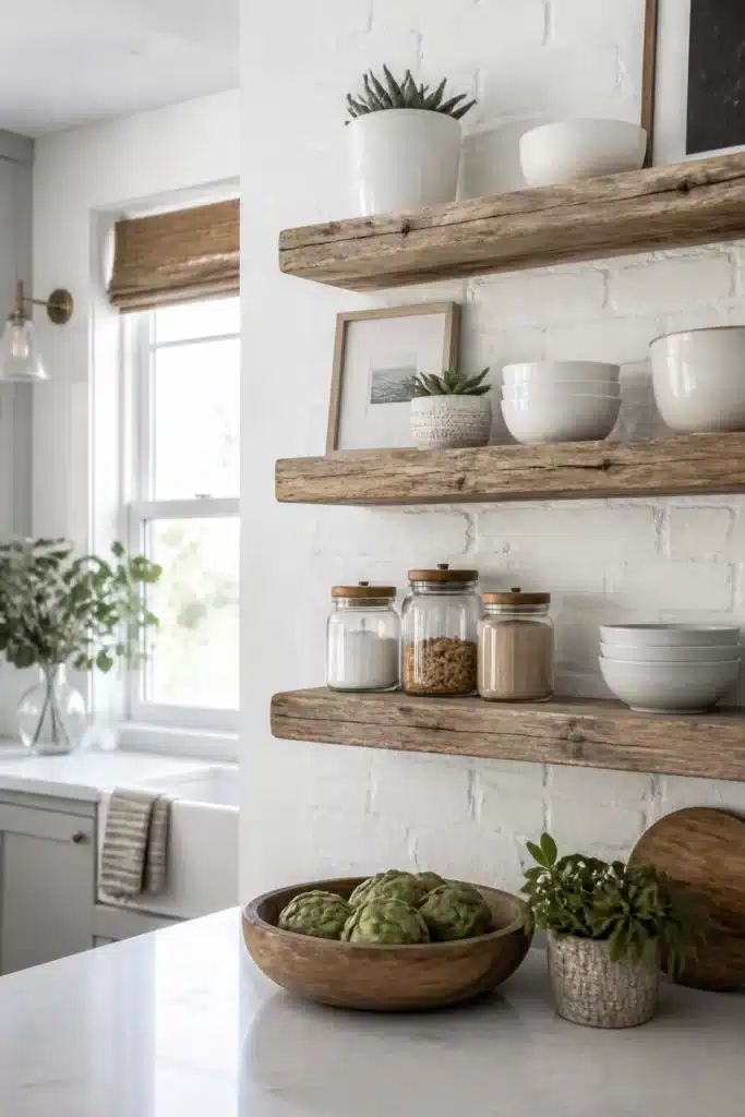 Reclaimed wood floating shelves on whitewashed brick in a coastal chic kitchen with glass jars and white bowls
