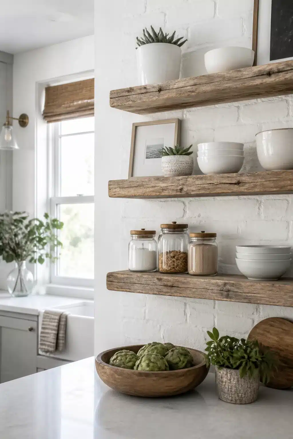 Reclaimed wood floating shelves on whitewashed brick in a coastal chic kitchen with glass jars and white bowls
