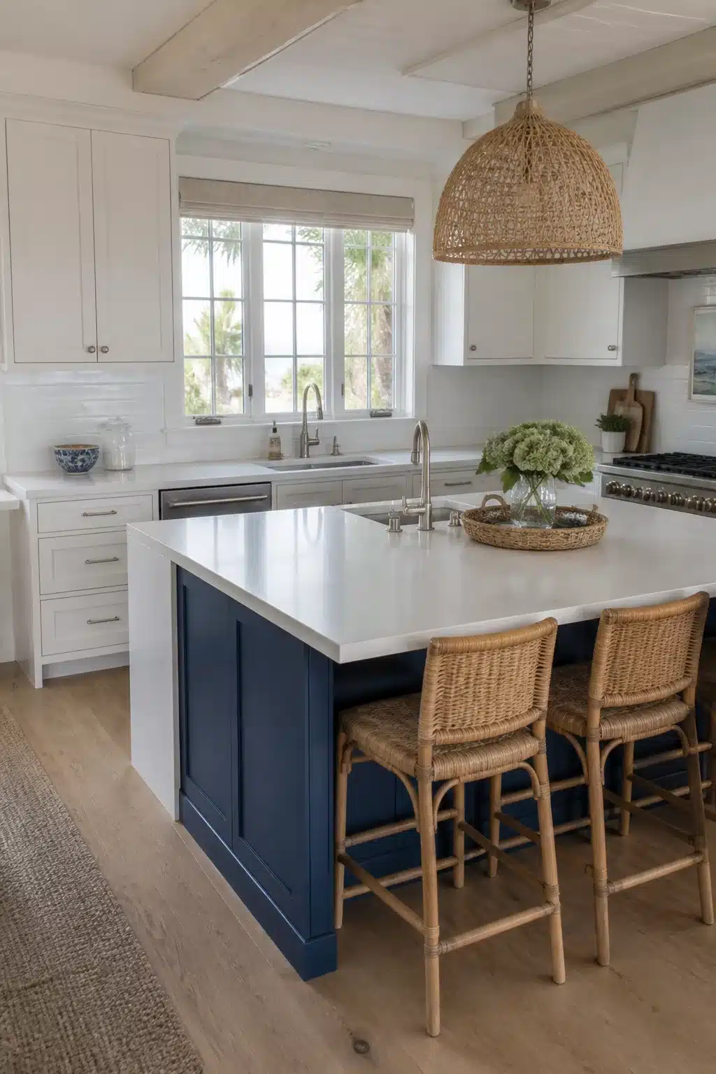 Coastal chic kitchen with navy blue island, white quartz countertops, rattan pendant and wicker bar stools