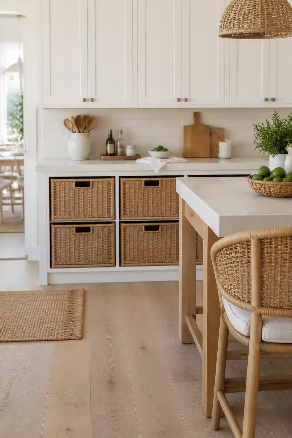 Coastal chic kitchen with wicker basket cabinet inserts, white shaker uppers, and light oak floors