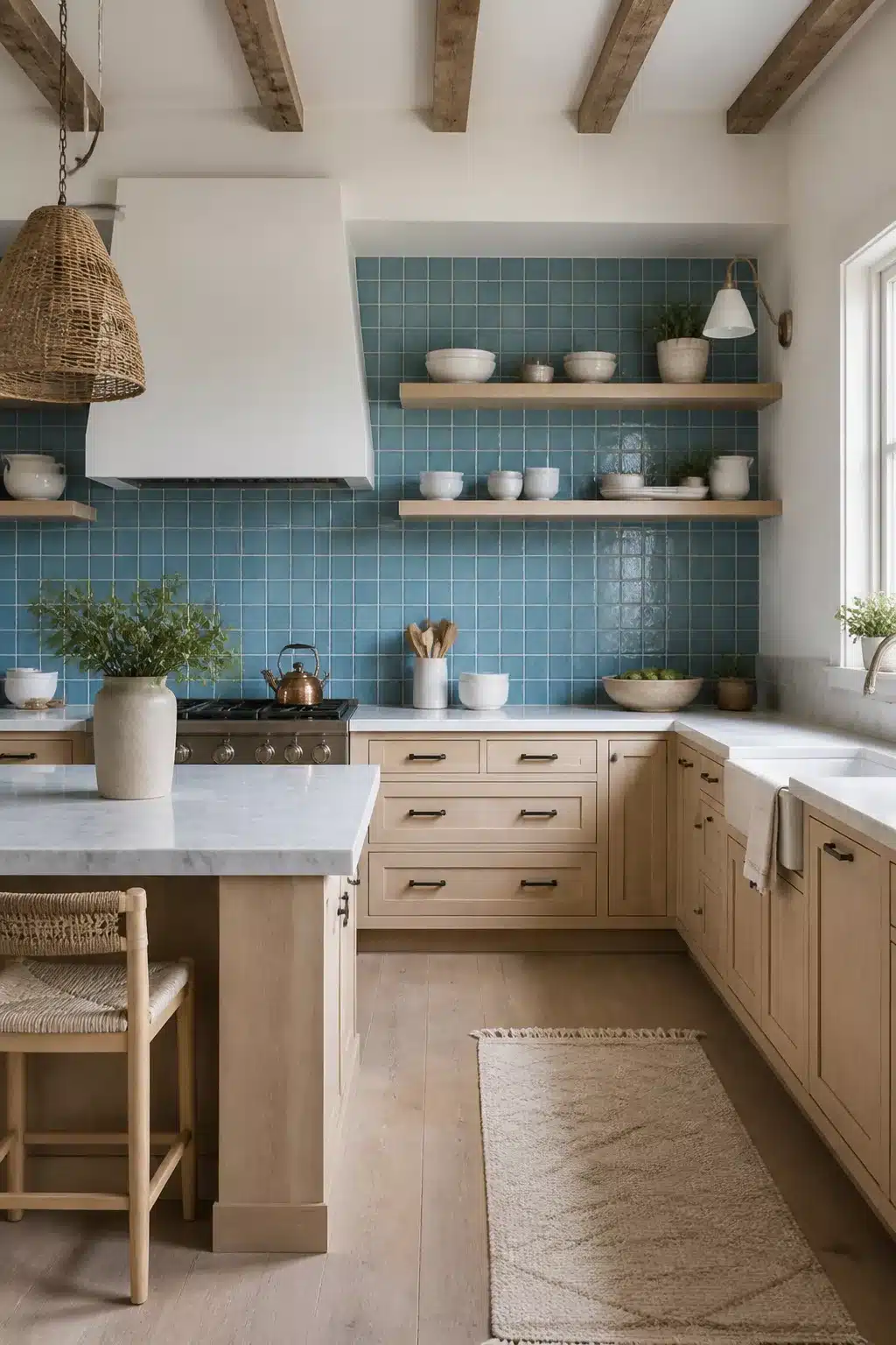 Cerulean zellige tile backsplash with bleached wood cabinets in a coastal chic kitchen with natural textures