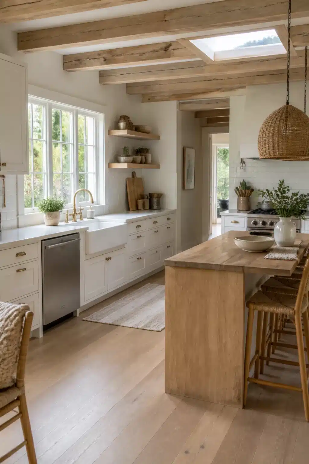 Coastal chic kitchen with bleached oak ceiling beams, skylight, white cabinets, farmhouse sink, and solid wood island.