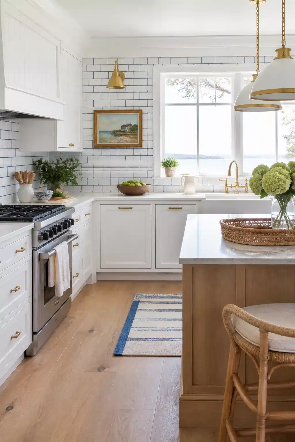 White subway tile backsplash with navy grout in a bright coastal kitchen — coastal kitchen backsplash ideas