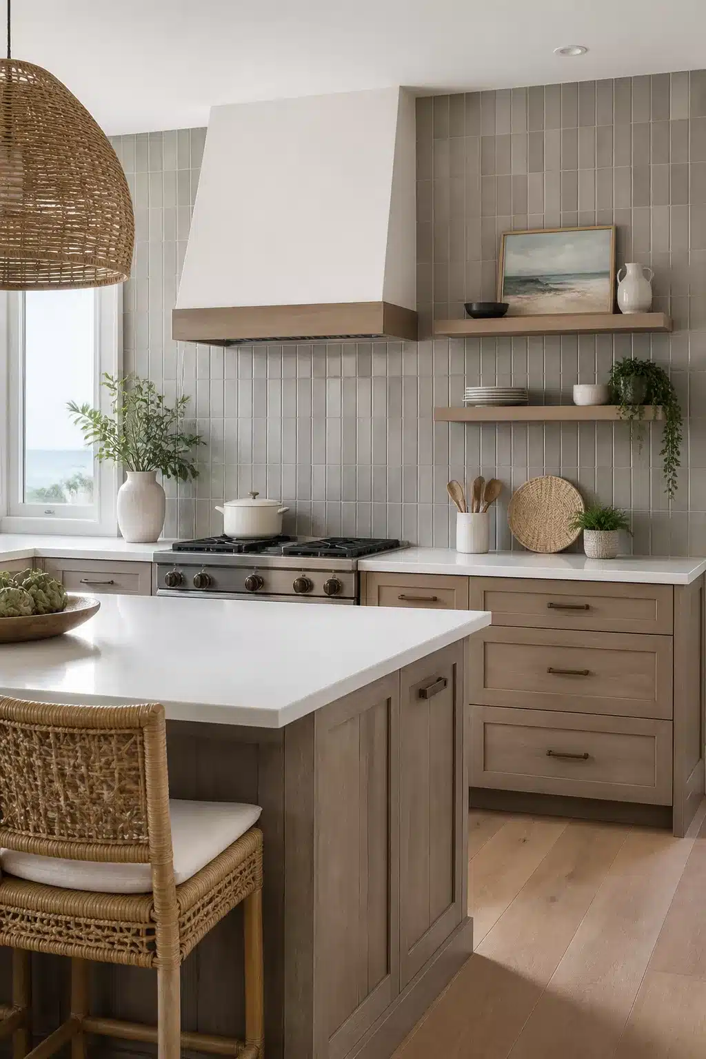 Coastal kitchen backsplash ideas featuring driftwood-gray vertical ceramic tiles with wood cabinets and white countertops