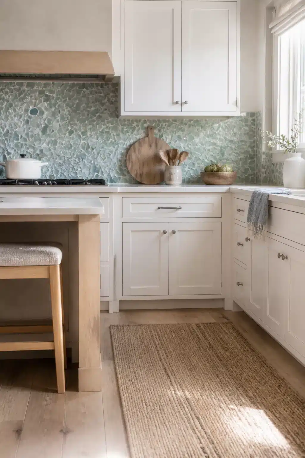 Coastal kitchen backsplash idea featuring frosted pebble-look sea glass tile mix with white shaker cabinets