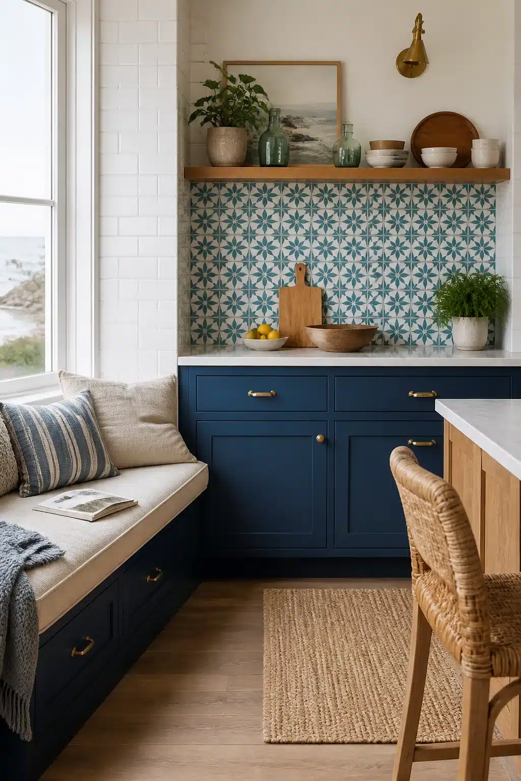 Coastal kitchen backsplash ideas featuring teal and white Moroccan encaustic tiles with navy cabinets and brass hardware.