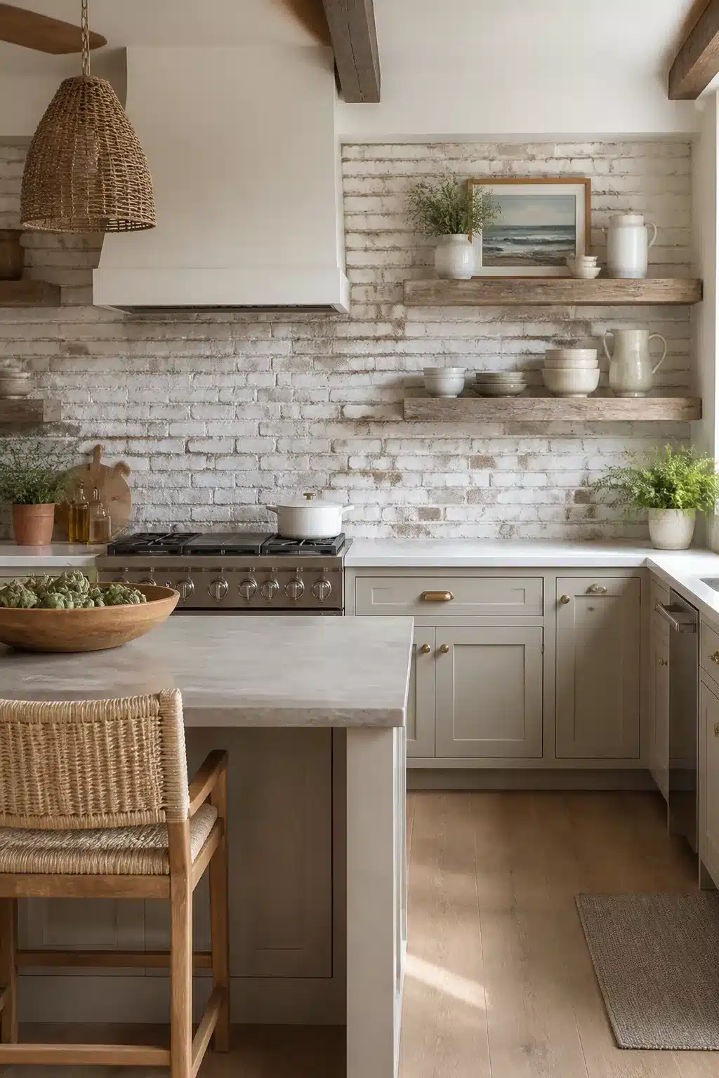 Whitewashed brick backsplash in a coastal kitchen with wood shelves and sage cabinets — Coastal Kitchen Backsplash Ideas
