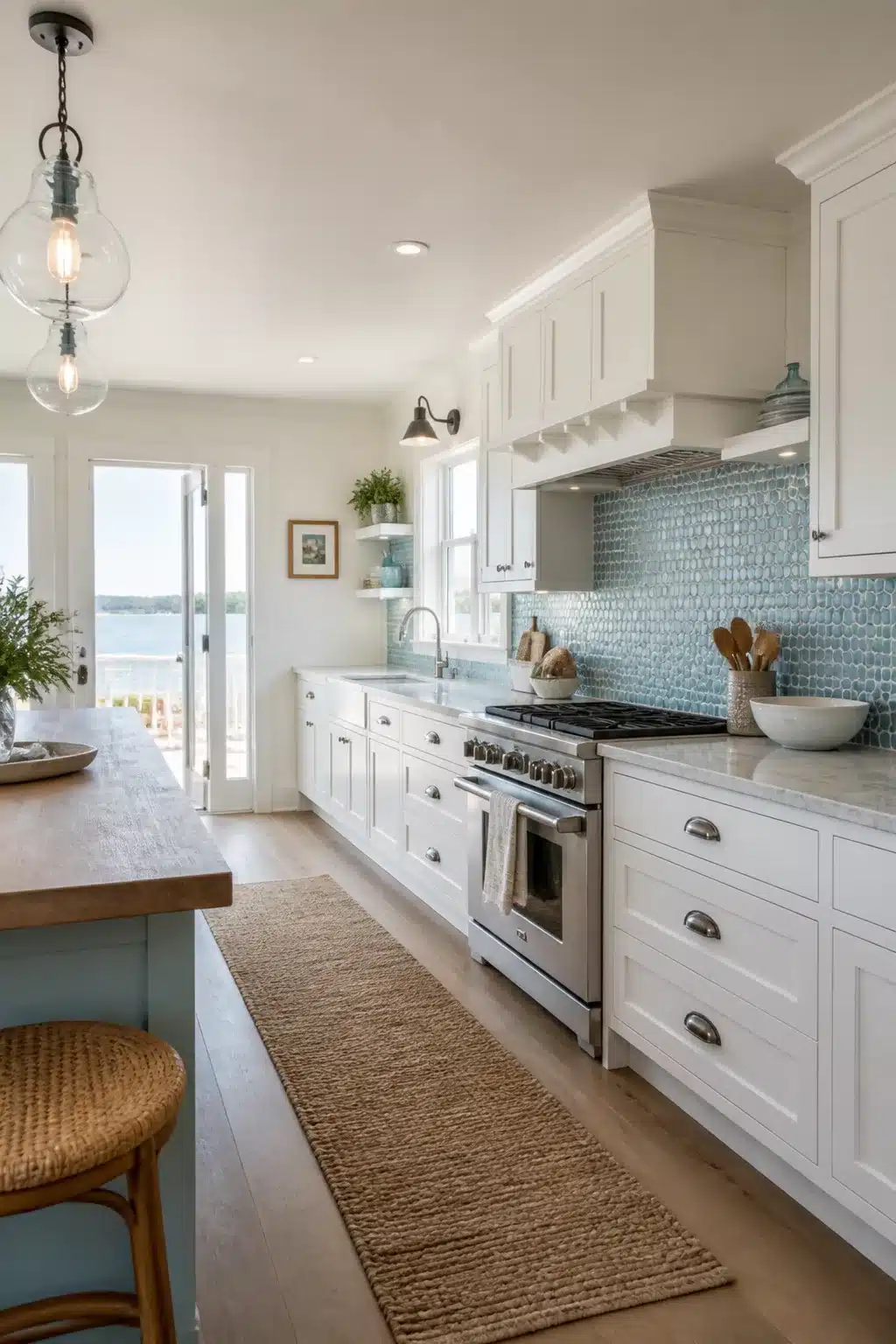 Coastal kitchen backsplash ideas — soft blue gloss penny round mosaic tile behind a stainless range with white shaker cabinets
