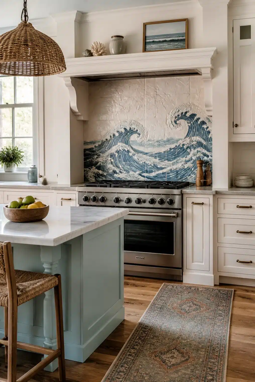 Coastal kitchen backsplash ideas — hand-painted ocean wave relief tile behind stainless range with blue island