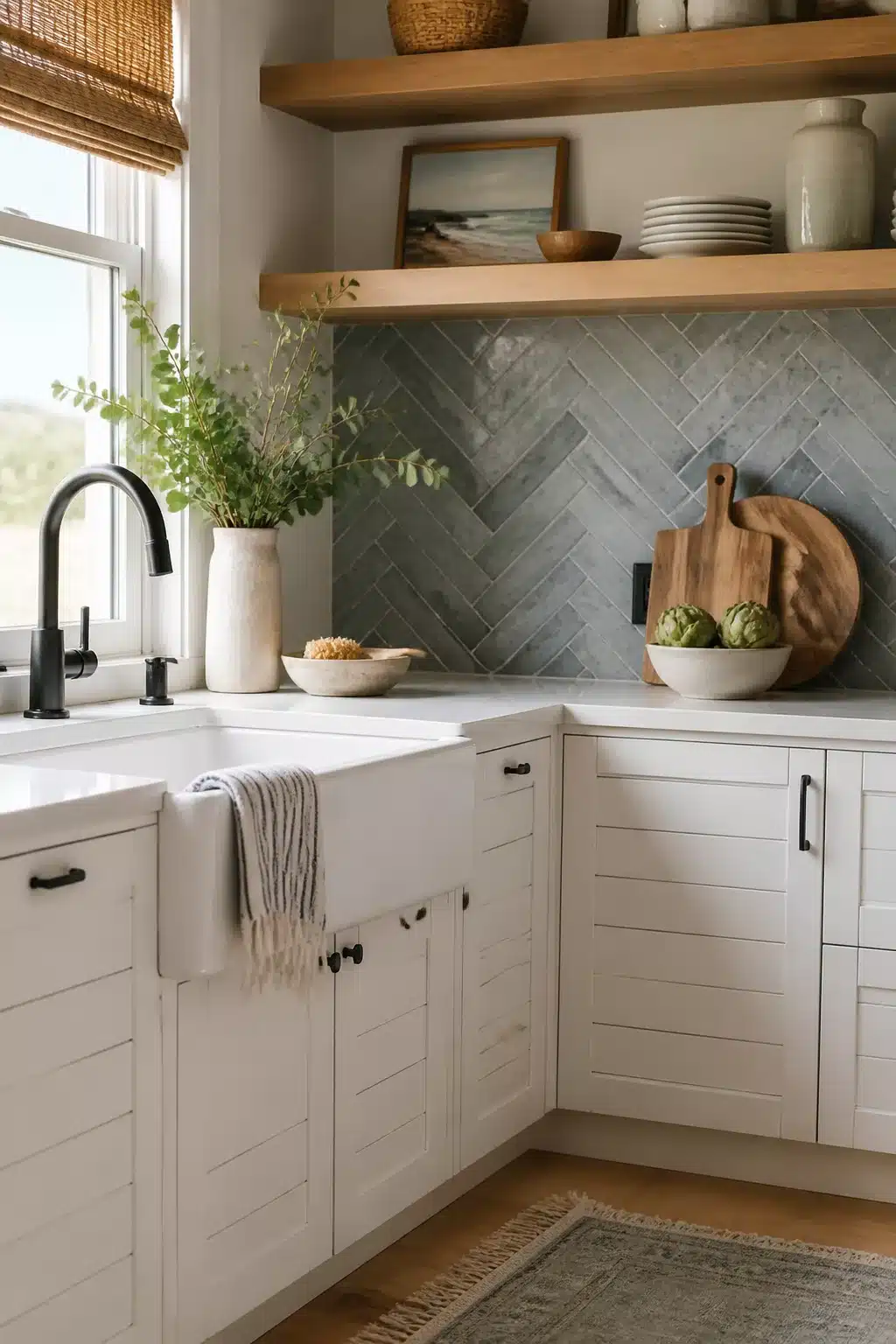 Slate gray herringbone tile backsplash with farmhouse sink — coastal kitchen backsplash ideas with open wood shelves