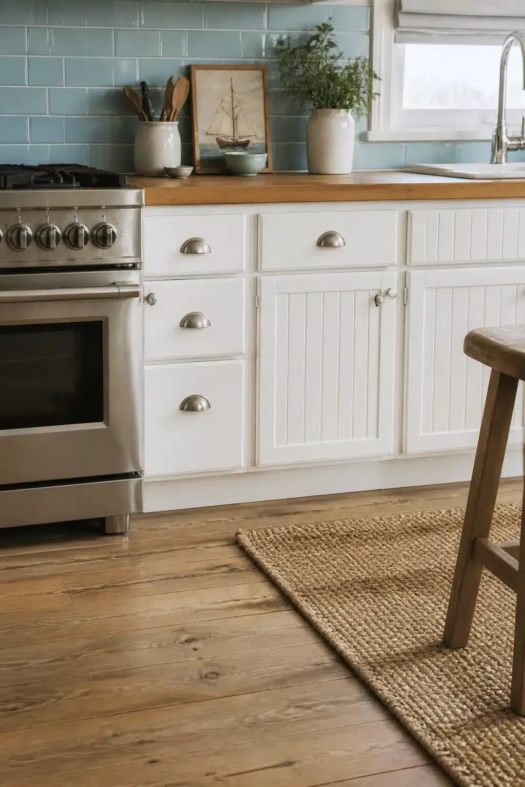 Pale blue satin brick bond subway tile backsplash in a coastal kitchen with butcher block counters — Coastal Kitchen Backsplash Ideas