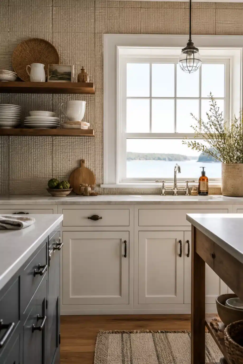 Coastal kitchen backsplash ideas featuring rattan-weave textured neutral tile, walnut shelves, and a water view window.