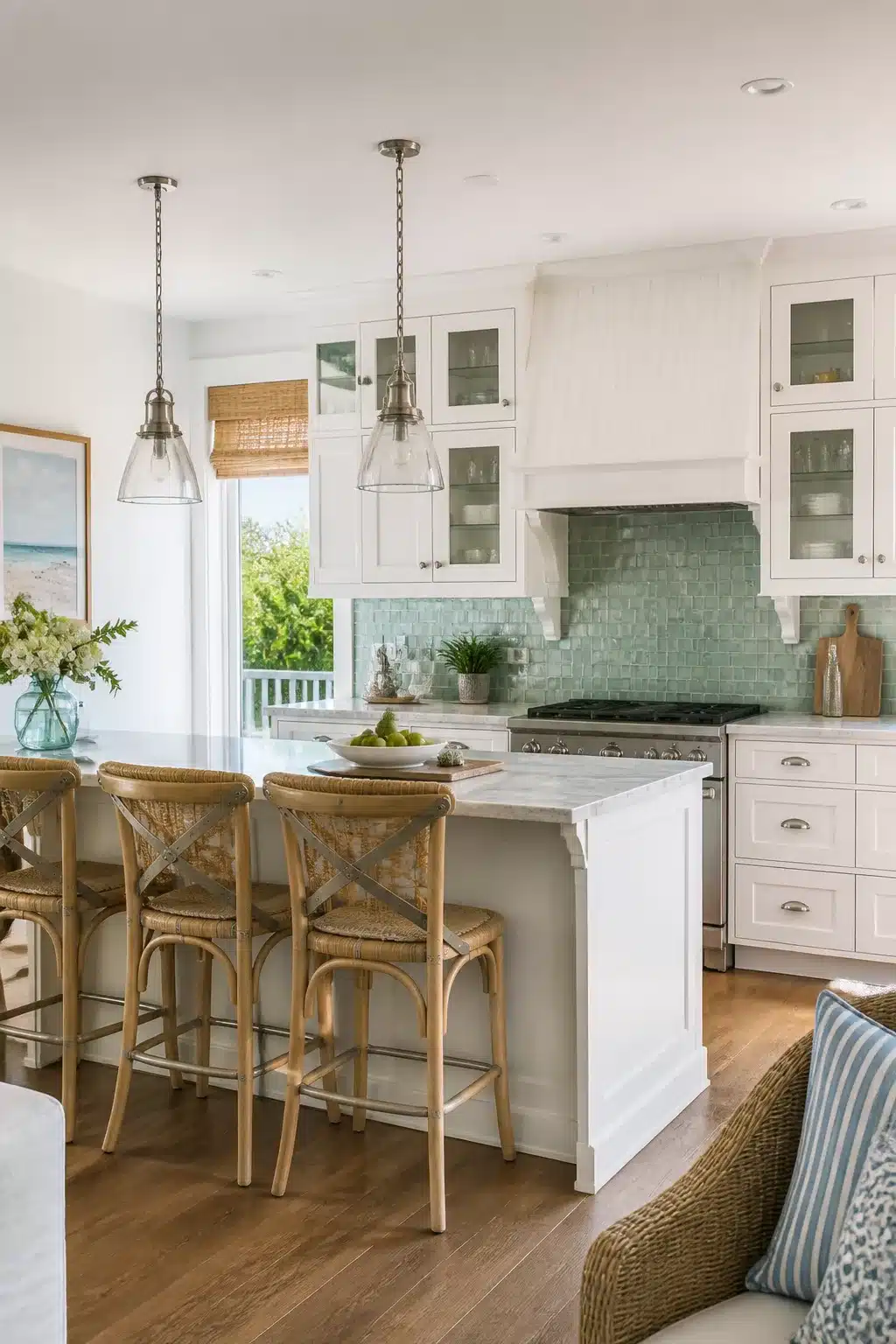 Seafoam green glass mosaic backsplash in a bright coastal kitchen — Coastal Kitchen Backsplash Ideas