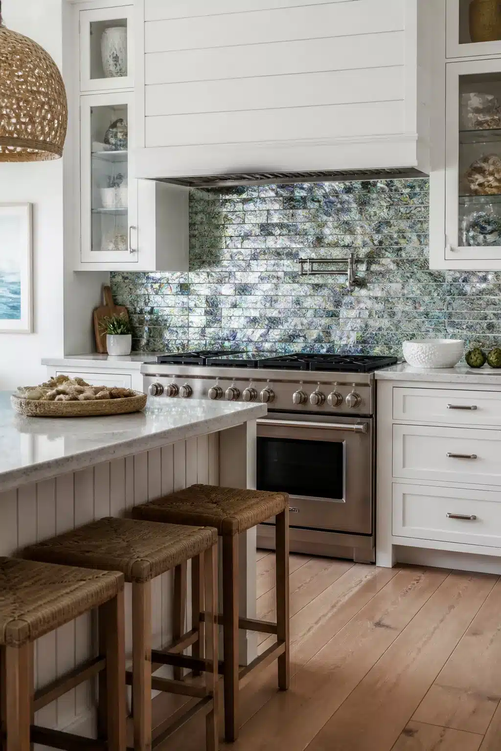 Iridescent abalone shell subway tile backsplash in a coastal kitchen with white cabinets — Coastal Kitchen Backsplash Ideas
