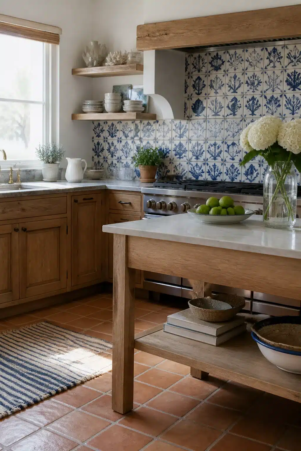 Cobalt blue Talavera tile backsplash in a coastal kitchen with oak hood and terracotta floors