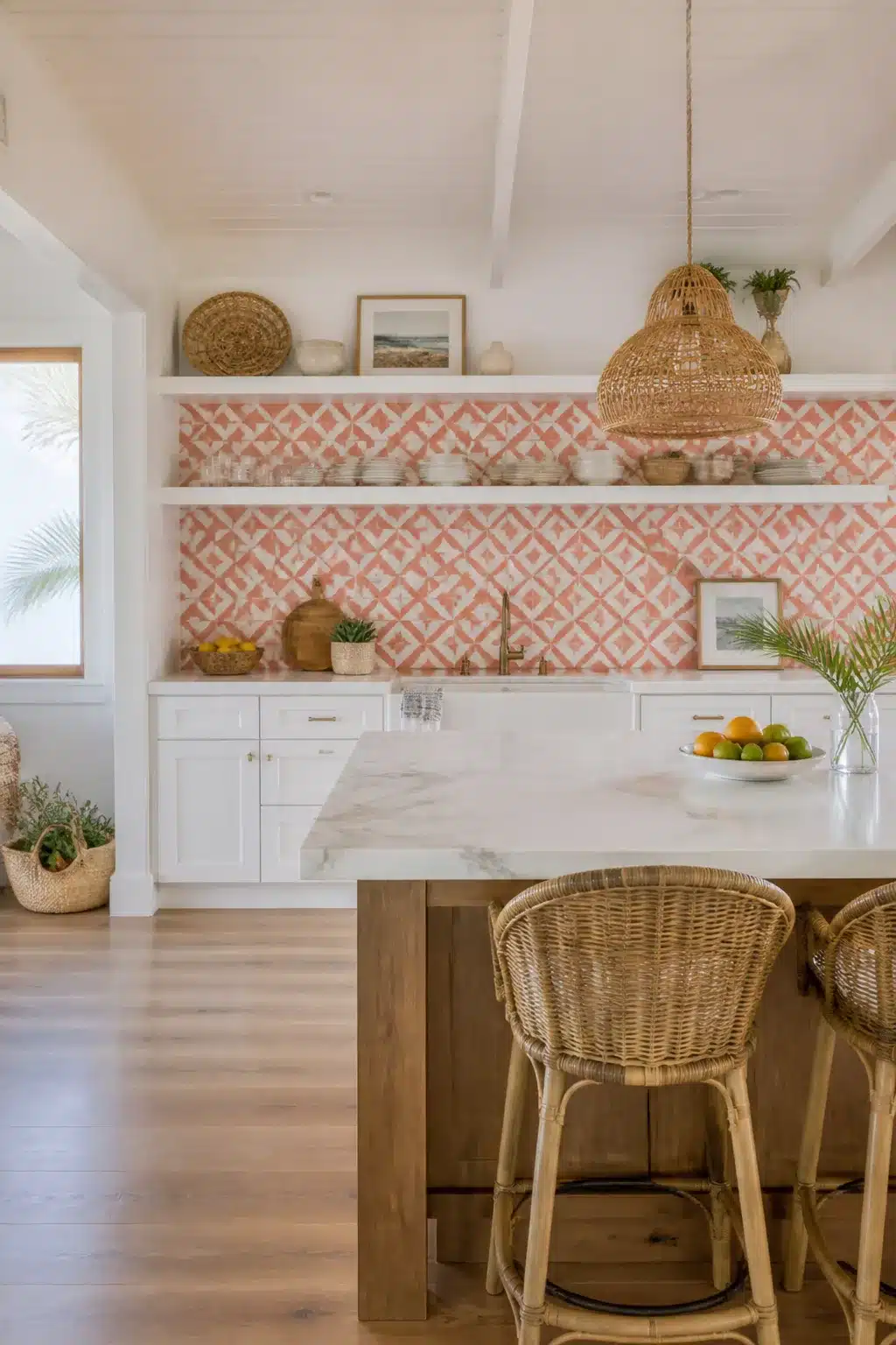 Coral and white geometric cement tile coastal kitchen backsplash with open shelving and rattan pendants