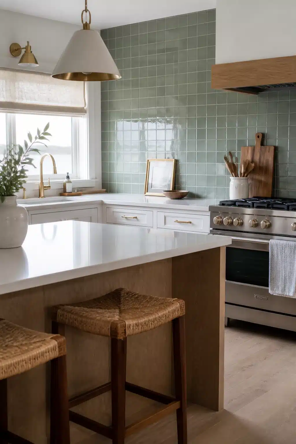 Muted sage green gloss square tile backsplash in a coastal kitchen with brass hardware and oak accents